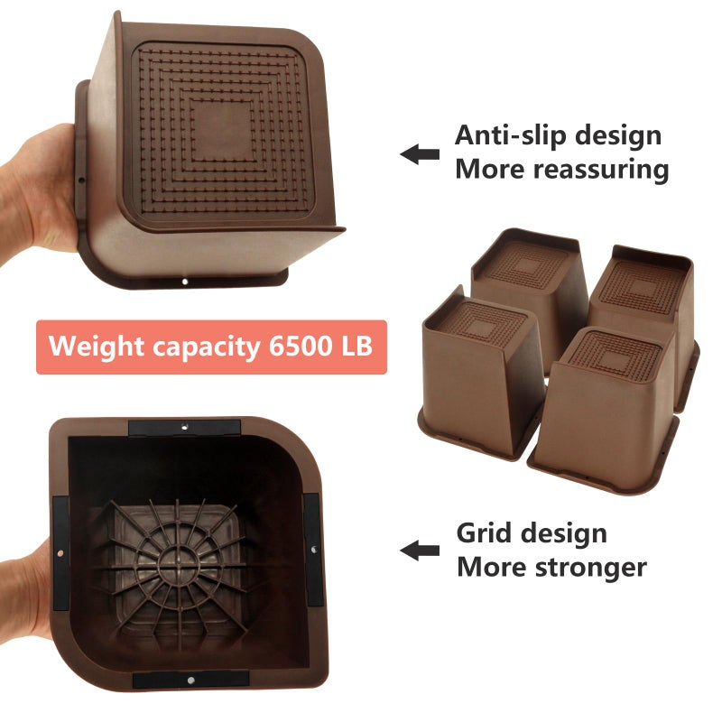HANIHUA 6 Pack Dark Brown Bed Risers 6 inch Heavy Duty, Oversized Furniture Risers, Bed Lifts Risers for Table, Sofa, Chair, Couch, Desk, Bed Frame Risers Supports Up to 6,500 Lbs - Image 5